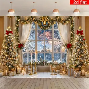 Luxury Gold - Themed Christmas Backdrop Banner with Trees, Gifts and Festive Decor for Elegant Holiday Ambiance - Suitable for Gifts, Party Background, Holiday Birthday Studio Props, Ideal Room Decorations