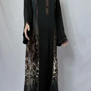 Black Leopard Maxi Long Sleeve Dress with Side Adjustable Strings and Pockets for Stylish Wear