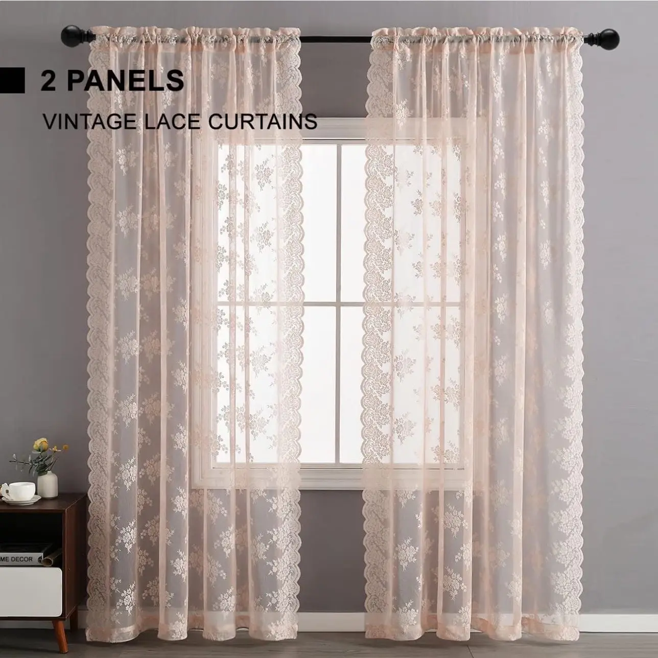 Pink Lace Curtains for Bedroom - Country Floral Lace Curtains 84 Inches Long, Scalloped Macreme Sheer Lace Curtains for Guest Room, Rod Pocket Lace Panel Curtains, 52 x 84 Inch, 2 Panels, Pink