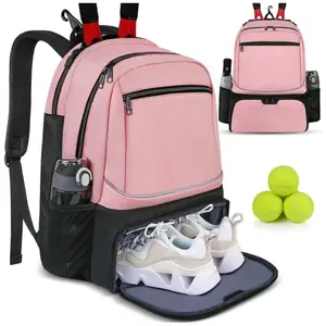 Racket Bag Sports Racket Backpack Large Capacity Travel Layered Storage Bag with Shoes Independent Compartment Water Resistant Polyester Material Insulated Pocket Ventilated Shoe Compartment Side Mesh Pockets soccer