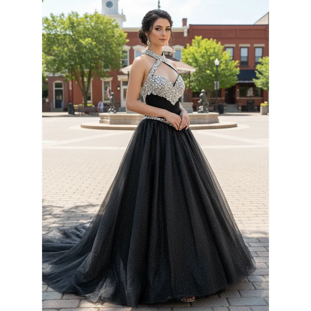 Kaylee Black and Silver Wedding Dress Glamorous Sleeveless Halter Neckline with Beadings Custom Gothic Wedding Gown for Themed Weddings