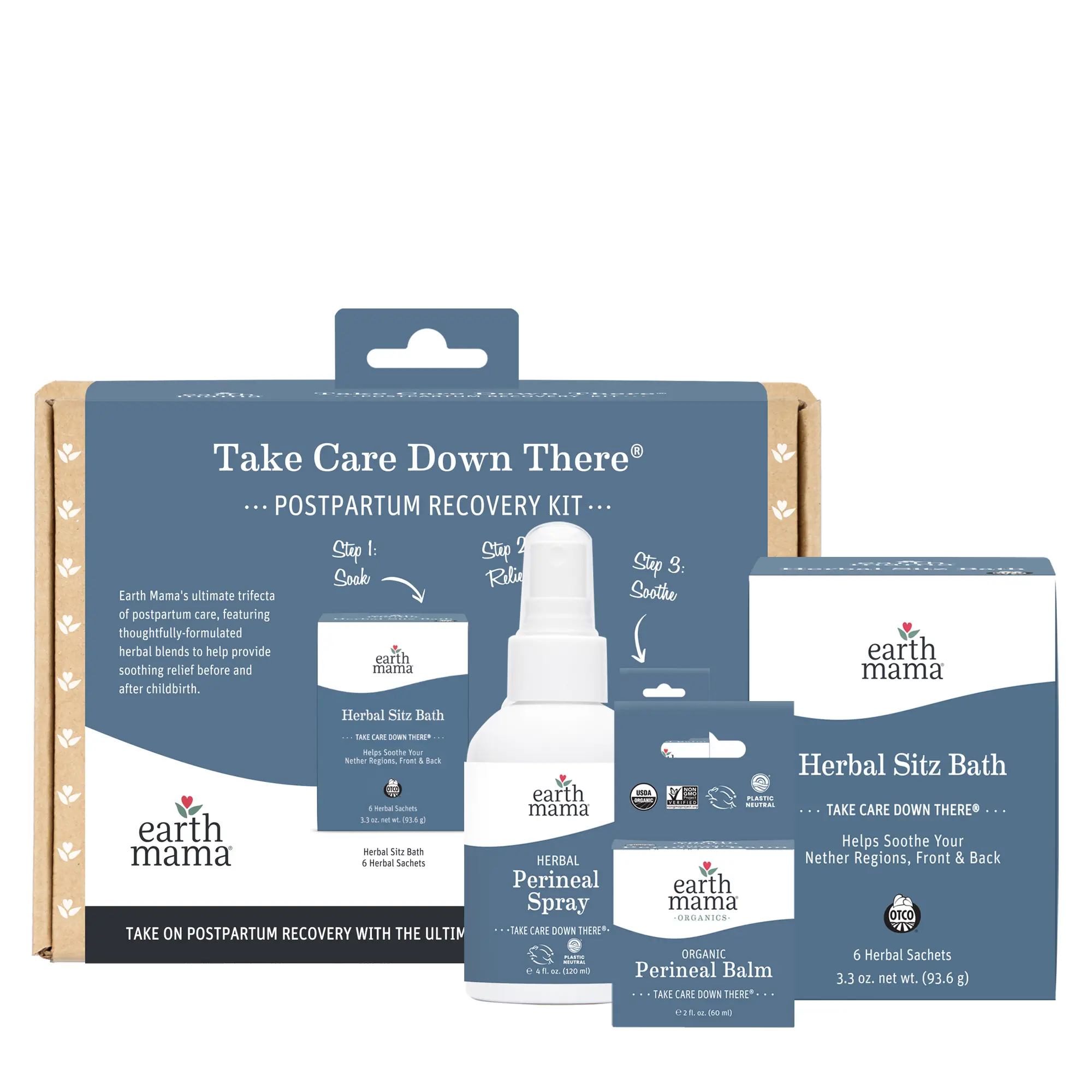 Earth Mama Take Care Down There Postpartum Recovery Kit – 3-Piece Herbal Postpartum Care Set for Perineal Comfort