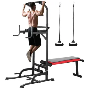 Arlopu Pull Up Bar Stand with Folding Weight Bench,4 Ropes Strength Training Fitness adjustable Heights Equipment,for Home Office Gym Strength Training