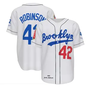 Robinson #42 Baseball Jersey, Blue White Printed Button Down Shirt, Breathable Mesh Sports Uniform Fan Apparel