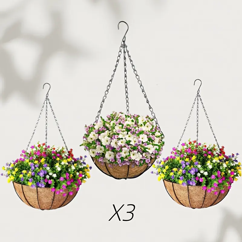 3-Piece Hanging Flower Basket Packed Set, Rust-Proof Chain Plant Hanger, Coconut Fiber Mats, Indoor-Outdoor Garden Porch Decoration Hanging Planters (3 Baskets for More Plants) Swinging Planter Balcony Planters Patio Planters