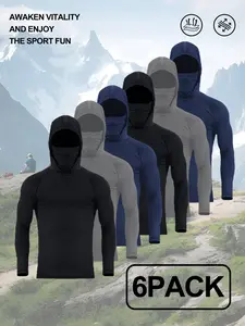 Men's 6 Pack Hooded Compression Shirts with Face Cover - UPF 50+ Sun Protection, 4-Way Stretch Quick Dry Long Sleeve for Fishing, Hiking, Running & Outdoor Sports