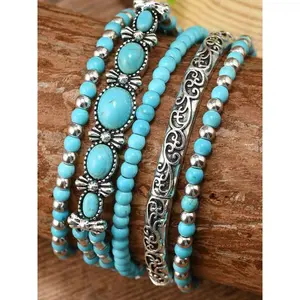 Vintage Western Style Turquoise Beaded Stretch High Quality Bracelet Set, 5pcs Unisex Casual Everyday Wear, Perfect for All Occasions