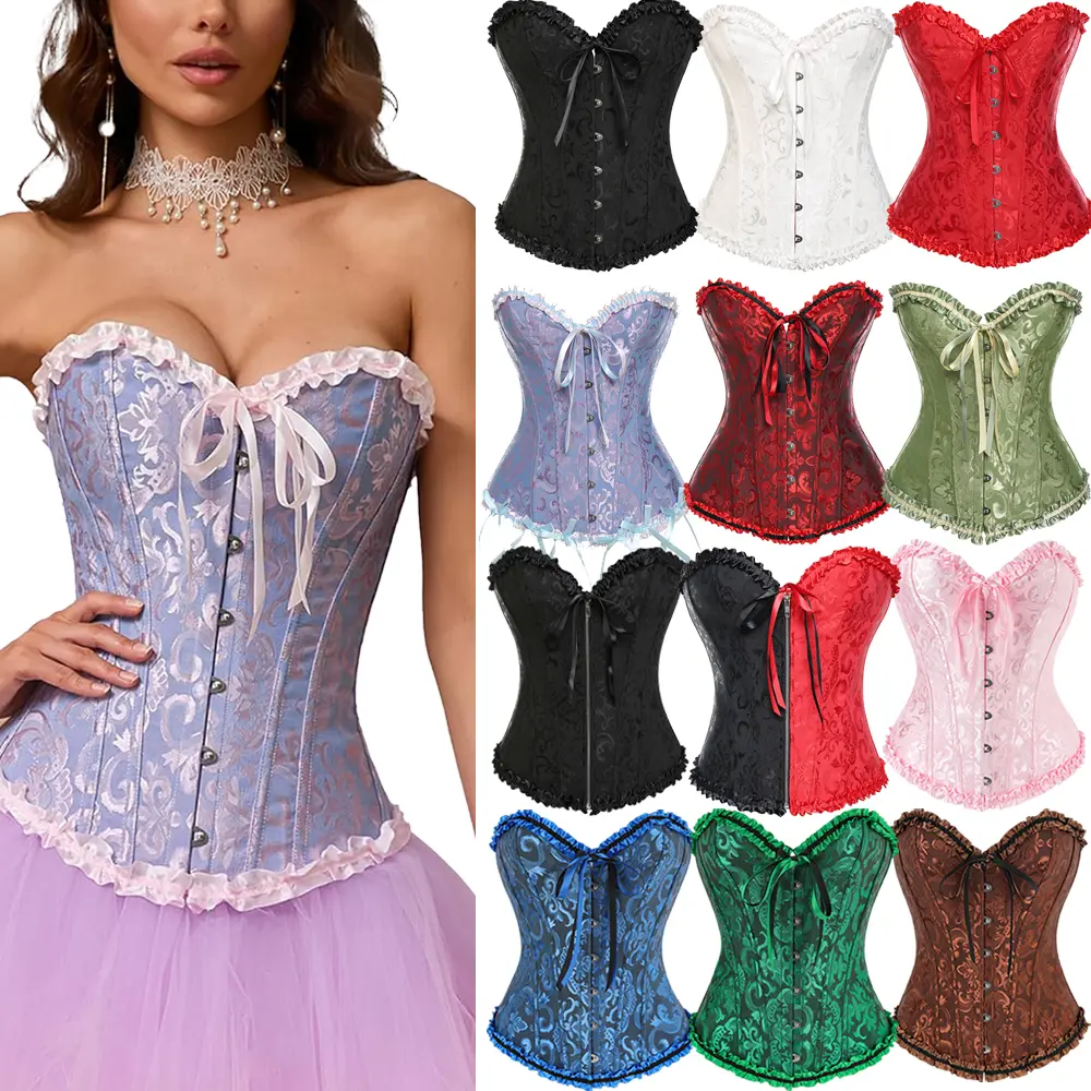 Women's Gothic Corset Tops with Thong, Steampunk Lace-Up Overbust Bustier, Plus Size Polyester Spandex Bodyshaper Clothes, Accessories, Casual, Halloween Ideas