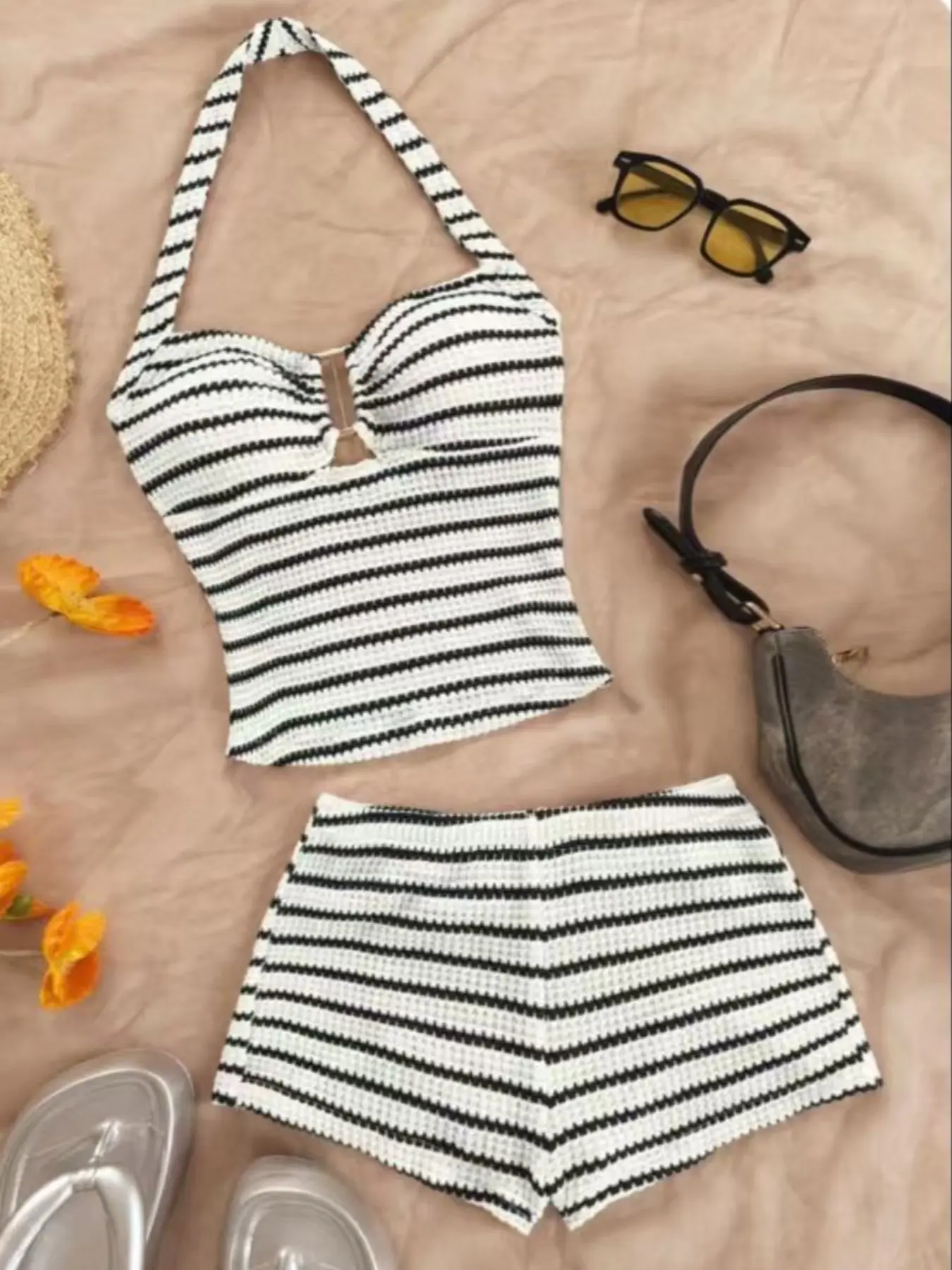 Women's Knitted Breathable Textured Black and White Striped Sleeveless Halter Neck Top with Metal Buckle, Backless Vest and Chic Fashion Slim-Fit Bodycon Shorts Matching Two-Piece Set, Summer Holiday Style Outfit, Summer Beach Set