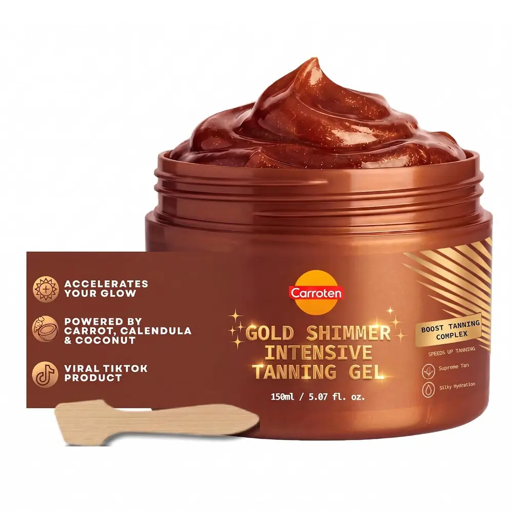 Carroten Gold Shimmer Intensive Tanning Gel, 150 mL / 5.07 fl oz Water-Resistant Tan Accelerator with Carrot and Coconut Oils, No SPF