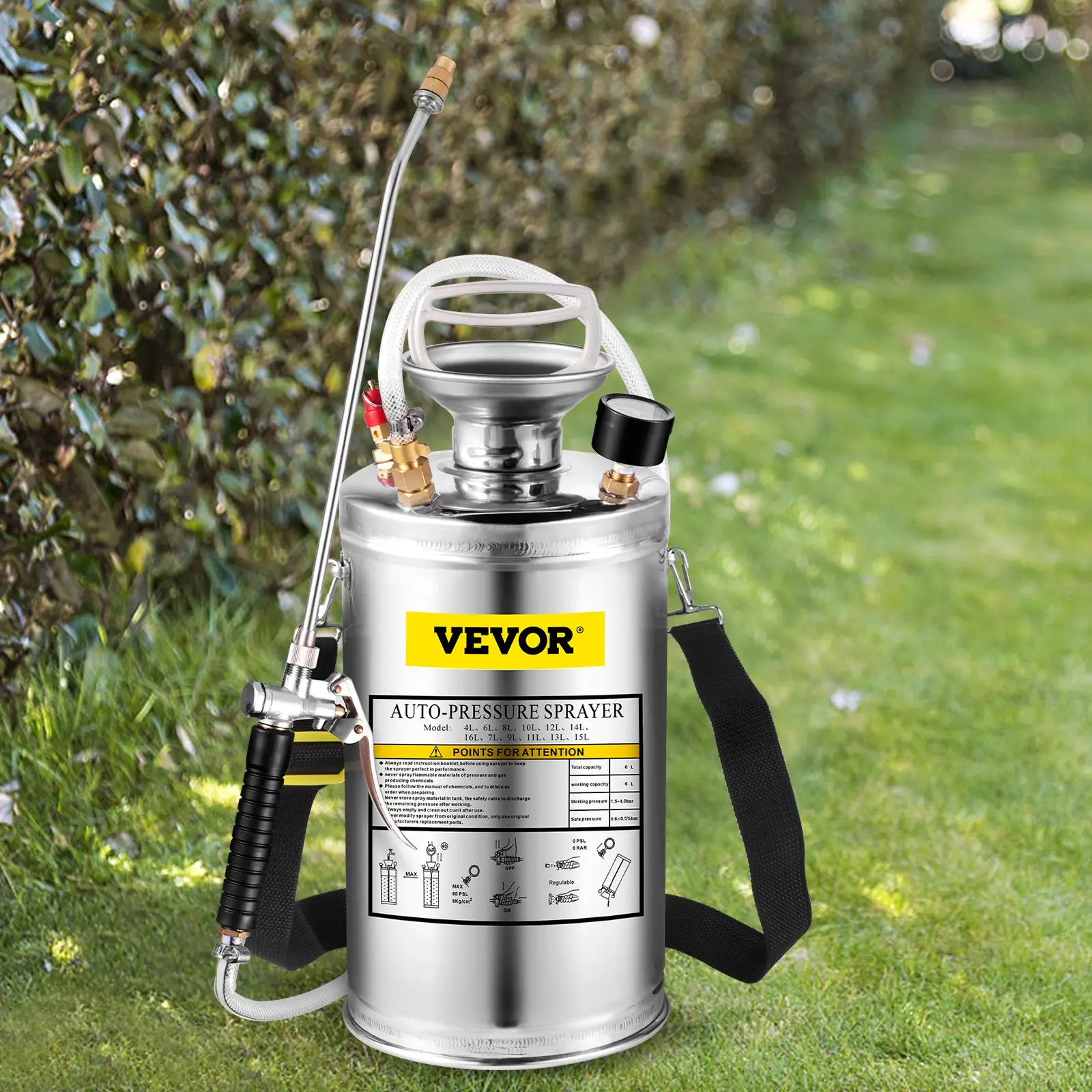 VEVOR 1.5 Gal Stainless Steel Hand Pump Sprayer with Pressure Gauge, Safety Valve Guard, Spray Adjuster, Wand, Handle, Reinforced Hose, Mist-Generating Nozzles, Spray Guns, Durable Garden Hose for Gardening, Automotive Sanitizing (Father's Day Gift)
