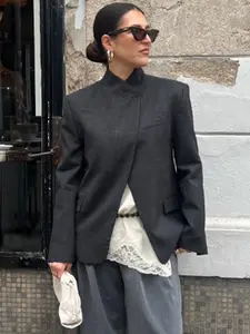 Dark Gray Asymmetric Coat Women's Jacket Spring 2026 Old Money Stand Collar Long Sleeve Button Blazer Quiet Luxury Office Commutes & Business Meetings Outerwears