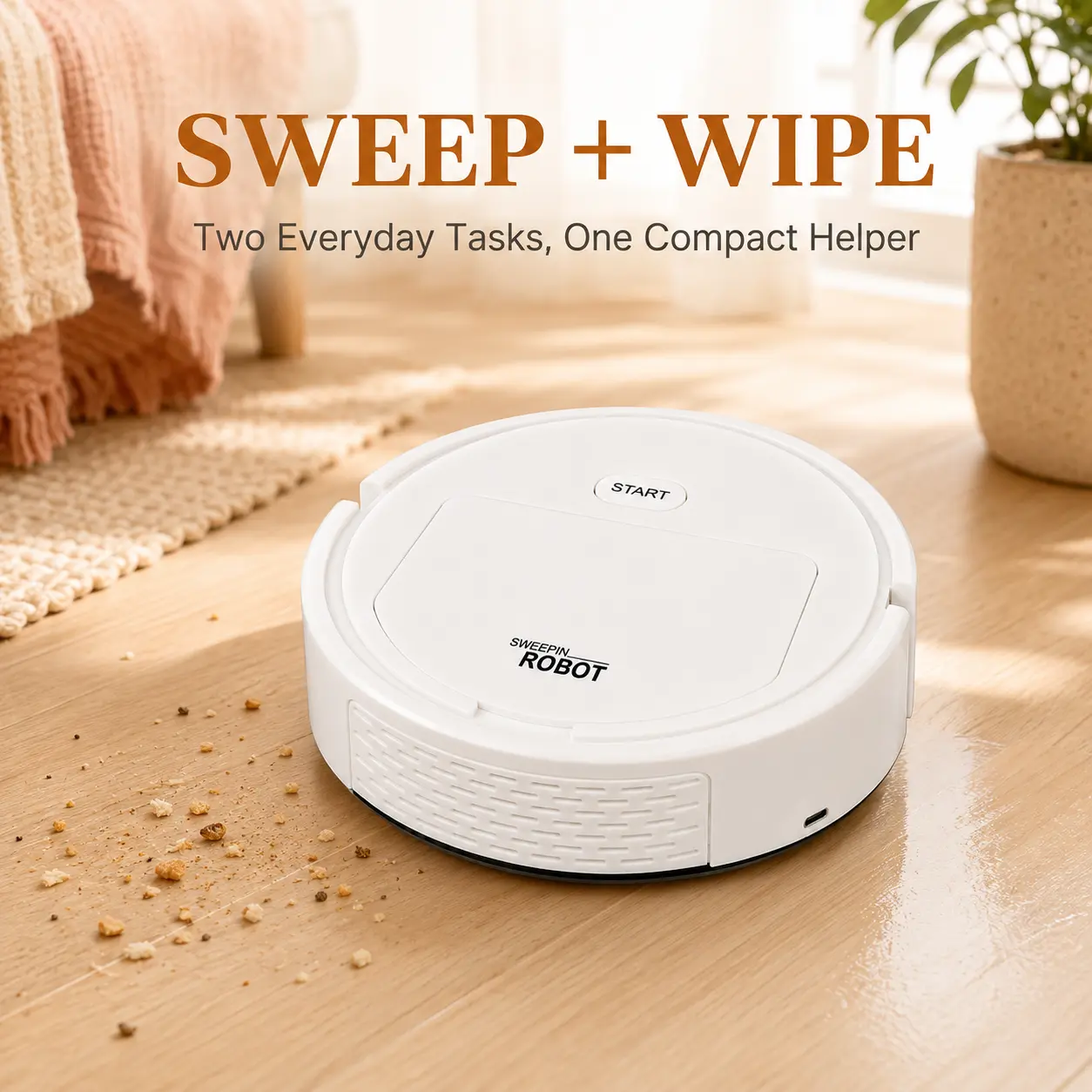 Slim White Robot Vacuum and Mop for Hard Floors, Compact 2.2 in Low-Profile Robotic Vacuum Cleaner and Floor Sweeper with Dual Side Brushes, Removable Dust Bin, Reusable Mop Cloth and USB-C Charging for Everyday Home Cleaning