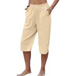 WROLEM Womens Casual Capri Pants Elastic Waist Solid Color 3/4 Wide Leg Summer Trousers with Pockets linen