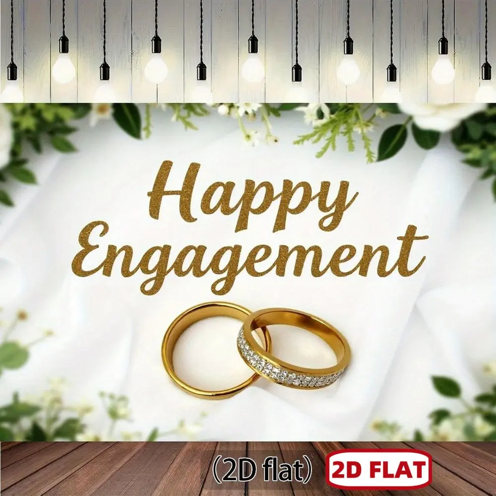2D Flat, 2D Flat Banner 1pc,The Image Shows Two Golden Rings with a Diamond Band. Surrounding Text Says "Happy Engagement". Suitable for Engagement Party Decora,Party Background Cloth, Photo Decoration Props, No