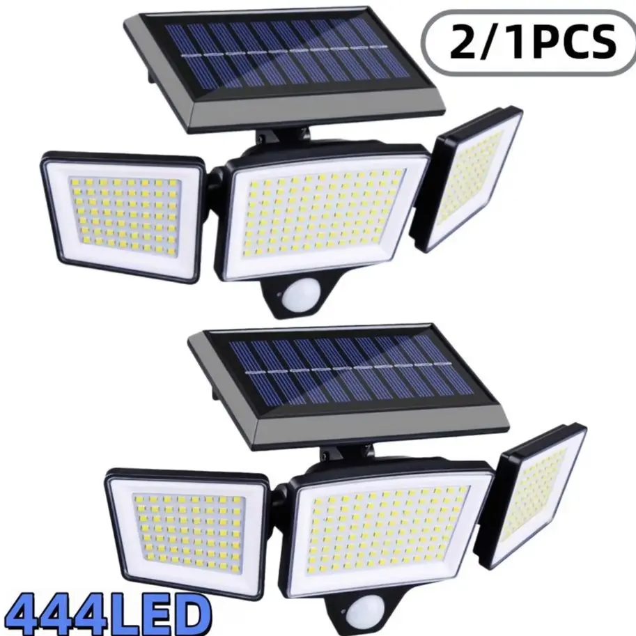 Solar Illuminated Outdoor LED Security Floodlights, 1/2-Pack 3-Head 270° Wide-Angle IP65 Waterproof Lights with 444/222 LEDs, Motion Sensor, 3 Adjustable Modes for Courtyards, Garages