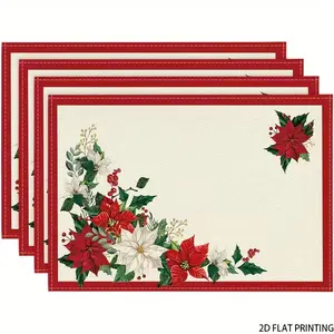 2D flat printing, 2-piece/4-piece/6-piece/8-piece set, beige leaf Christmas potted plant pattern design placemat, 12x18 inch seasonal winter party kitchen table decoration, Christmas party desktop decoration