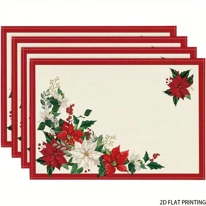 2D flat printing, 2-piece/4-piece/6-piece/8-piece set, beige leaf Christmas potted plant pattern design placemat, 12x18 inch seasonal winter party kitchen table decoration, Christmas party desktop decoration