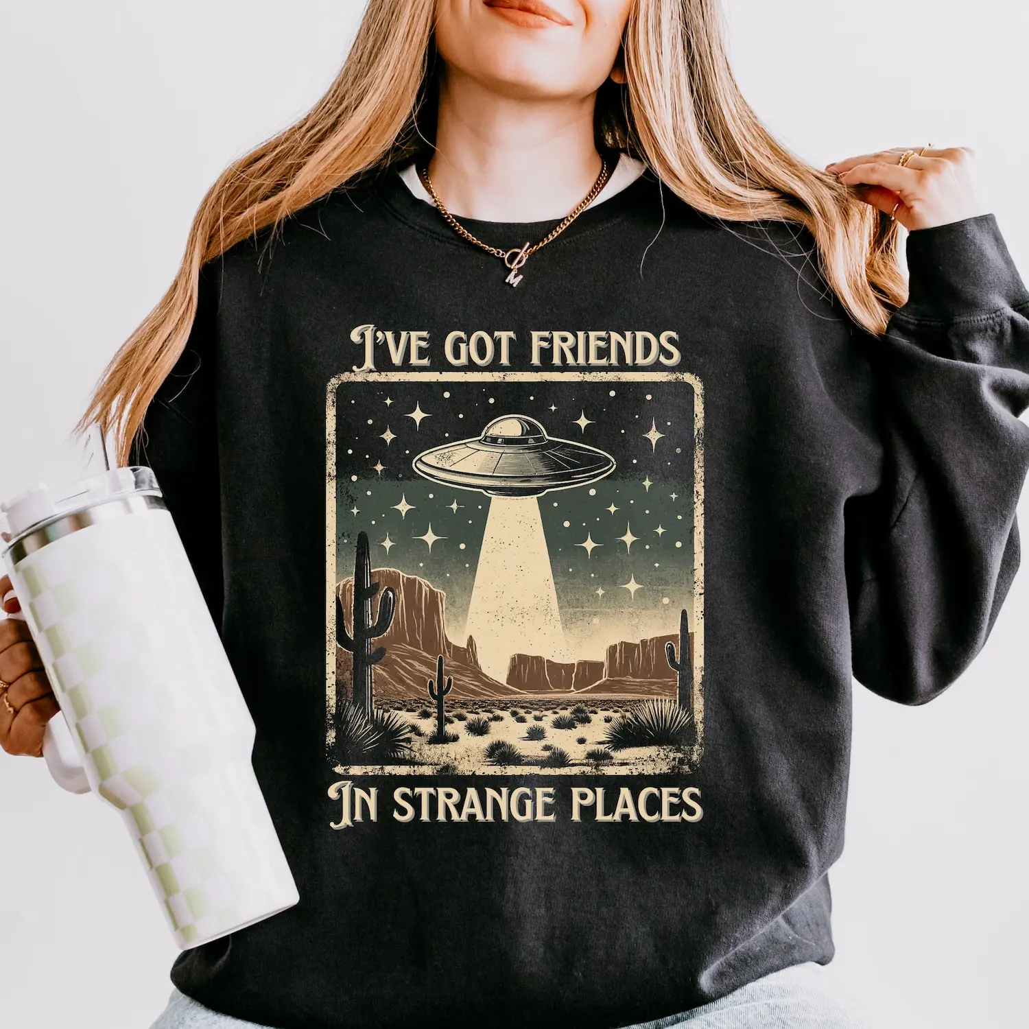 Friends In Strange Places Sweater, Alien Sweatshirt , Alien Cowgirl, Cowgirl Sweater, UFO Shirt, X-Files Unisex Lightweight Crewneck QR