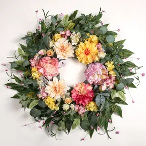 Spring Wreaths for Front Door 24 Inch, Artificial Dahlia Floral Spring Summer Wreath with Dahlia Peony and Daisy, Large Spring Door Wreath for All Seasons Outside Indoor Home Porch Wall Décor