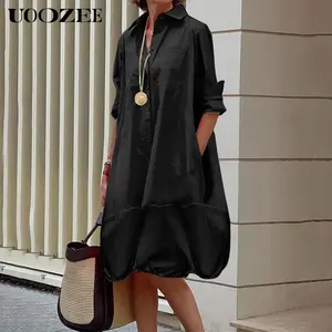 UOOZEE Women's Collared Black Long-Sleeve Loose Solid Midi Shirt Dress - Lightweight Cotton Fabric, Comfortable with Pockets, Elegant Minimalist Style Essential for 2-3 Seasons (Pairs with Camisole Accessories as 2-Piece Option),summervibes