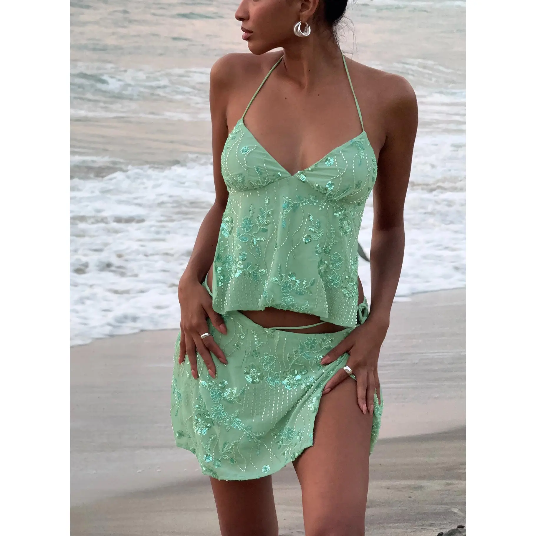 What A Coincidence Beaded Mini Skirt Teal