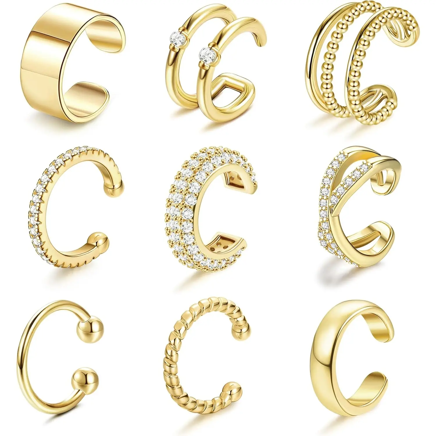 9 Pcs Ear Clips Earrings Set for Women Men 14K Golden Plated Trendy Lightweight Non Pierced Cartilage Ear Cuff Jewelry Adjustable & Hypoallergenic