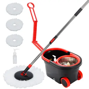Spin Mop and Bucket with Wringer Set on Wheels, 360° Spinning Mop Bucket System with 3 Microfiber Mop Replacement Heads and 61" Stainless Steel Adjustable Handle for Floor Cleaning