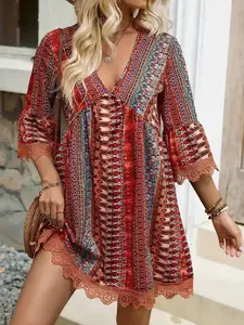 Lace Trim Printed V-Neck 34 Sleeve Dress