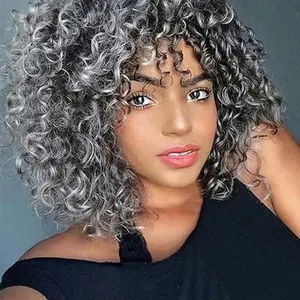 Grey Ombre Curly Wig for Black Women Kinky Afro Curly Wigs with Bangs Hair Shoulder Length Ombre Grey Wig With Bangs Heat Resistant Synthetic Hair for Daily Use