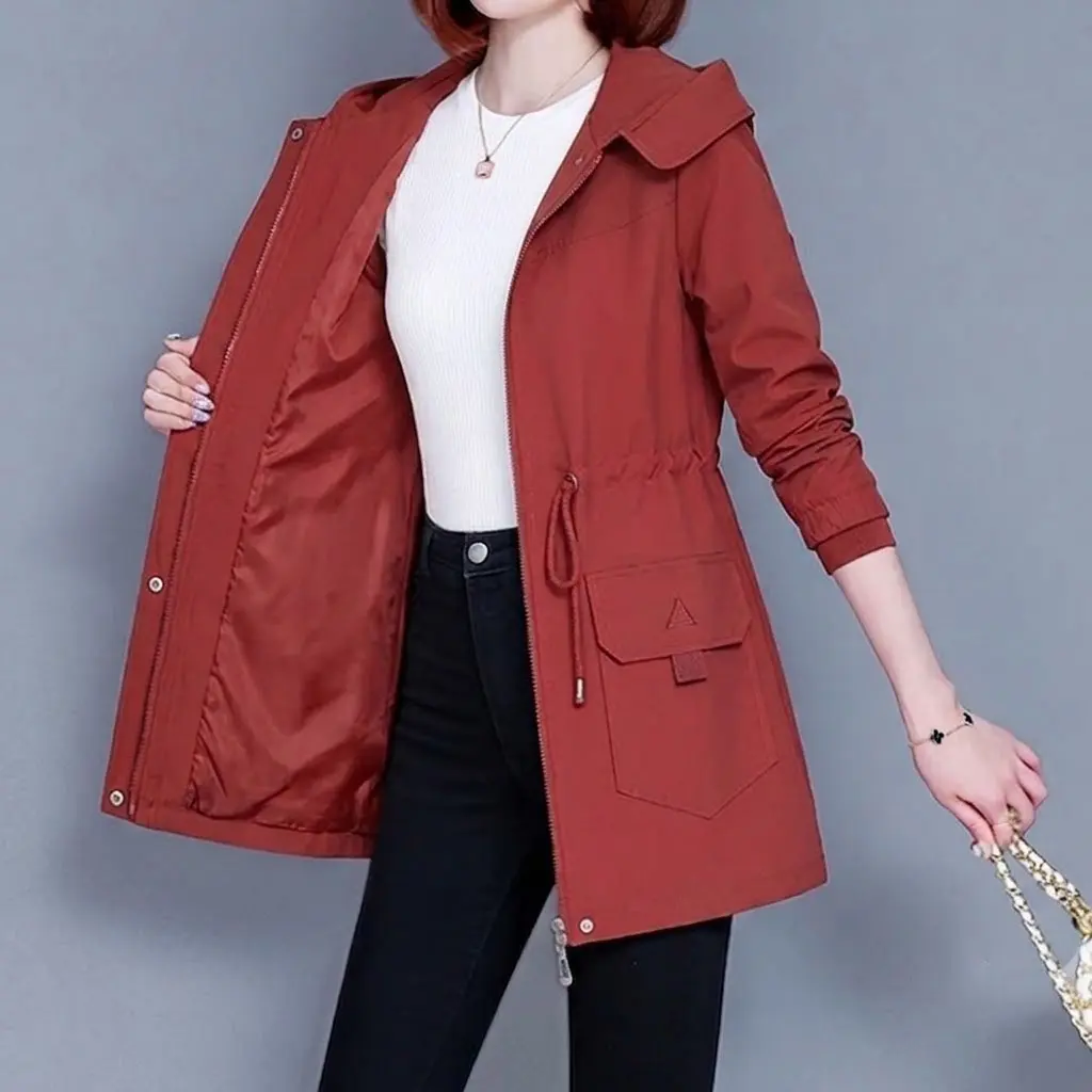 Women’s mid-length hooded outdoor casual jacket for spring/autumn, solid color, lightweight