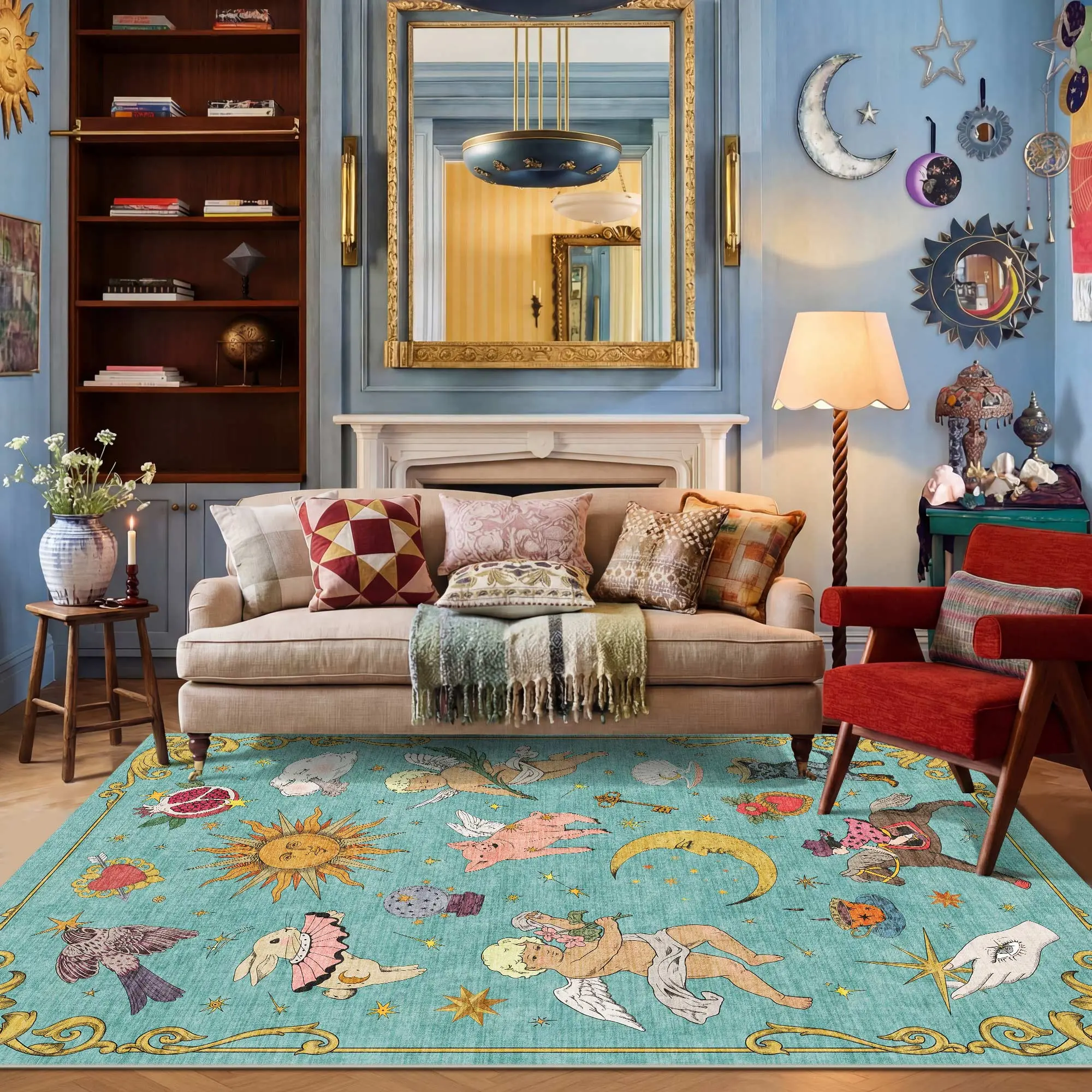 Sun and Moon Celestial Cottagecore Area Rug 6x9 Feet Turquoise Vintage Washable Low Pile Non-Slip Rug for Nursery Playroom Living Room Bedroom Unique Boho Decorative Tapestry Rug