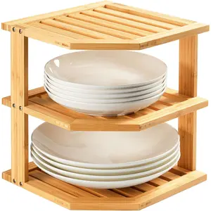 Plate Organizer for Cabinet, Bamboo Corner Shelf, Dish & Bread Organizer, Spice Rack, Kitchen Bathroom Countertop Storage Organization Space Saver
