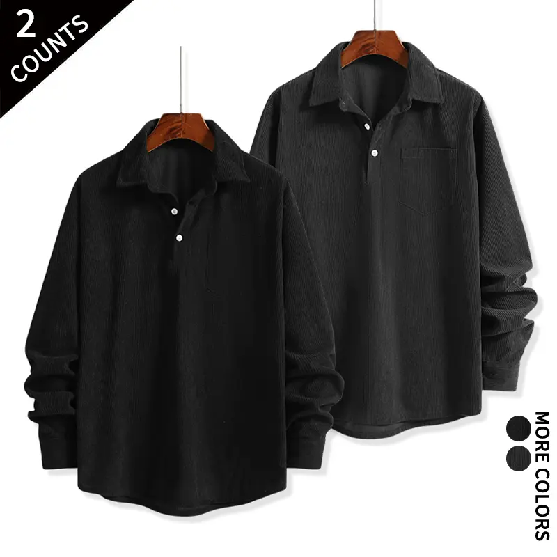 Men’s two-piece set: corduroy pullover shirt and pants; solid black/green; loose fit, long sleeves; suitable for everyday wear, shopping, and home use; base layer top.