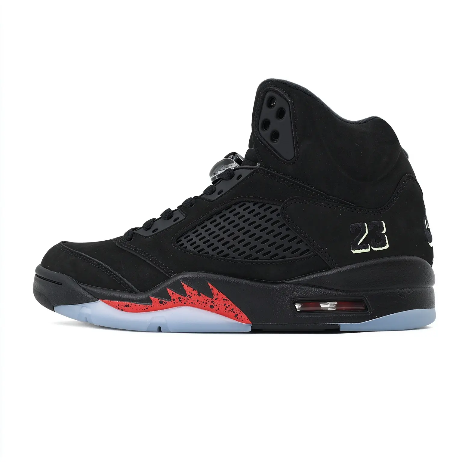 Men's trendy high-top basketball shoes, black suede upper with red splash print and icy outsole, breathable, wear-resistant, shock-absorbing and anti-slip, multiple styles and colors available