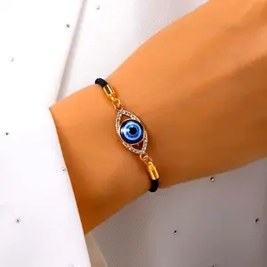 Turkish-Style Enamel Evil Eye Bracelet with Pendant - Women's Adjustable Drawstring Cord, Lightweight Stackable Spiritual Protection Charm Jewelry for Daily Wear, Birthday Gifting