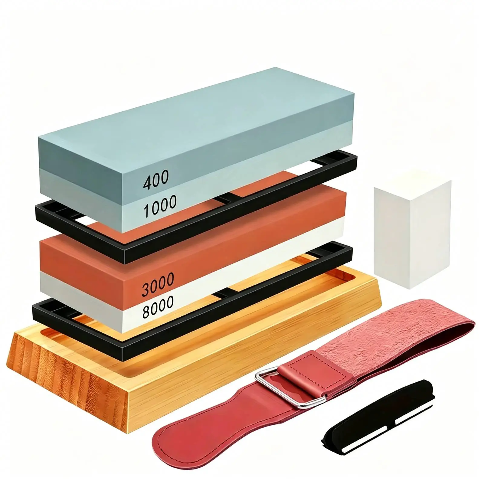 4-Side 4 Grits 400/1000/3000/8000 Multi-Grit Whetstone Set for Knives, Professional Whetstone Kit with Non-Slip Bamboo Base, Leather Cord, Flattening Stone, Angle Guide (Home Supplies, Laundry Tools & Accessories, Washboards), Four Grits summerwins,summer