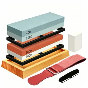 4-Side 4 Grits 400/1000/3000/8000 Multi-Grit Whetstone Set for Knives, Professional Whetstone Kit with Non-Slip Bamboo Base, Leather Cord, Flattening Stone, Angle Guide (Home Supplies, Laundry Tools & Accessories, Washboards), Four Grits