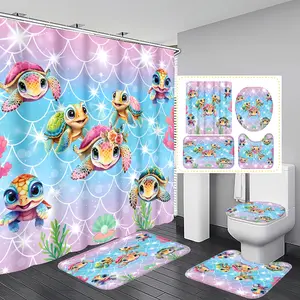 Turtle Shell Water Grass Style Shower Curtain Set, Polyester Insulation Bathroom Decor, Includes 12 Hooks, Bath Mat & Toilet Cover Pad