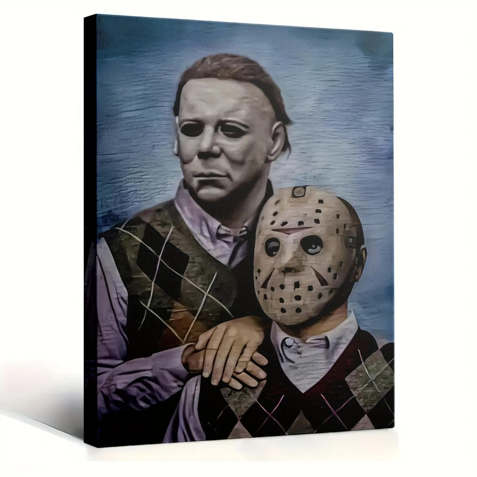 1pc Framed 2D Flat Canvas Painting - Michael Myers & Jason Voorhees Horror Movie Icons - Home Supplies Wall Decor for Adult Man Cave, Living Room