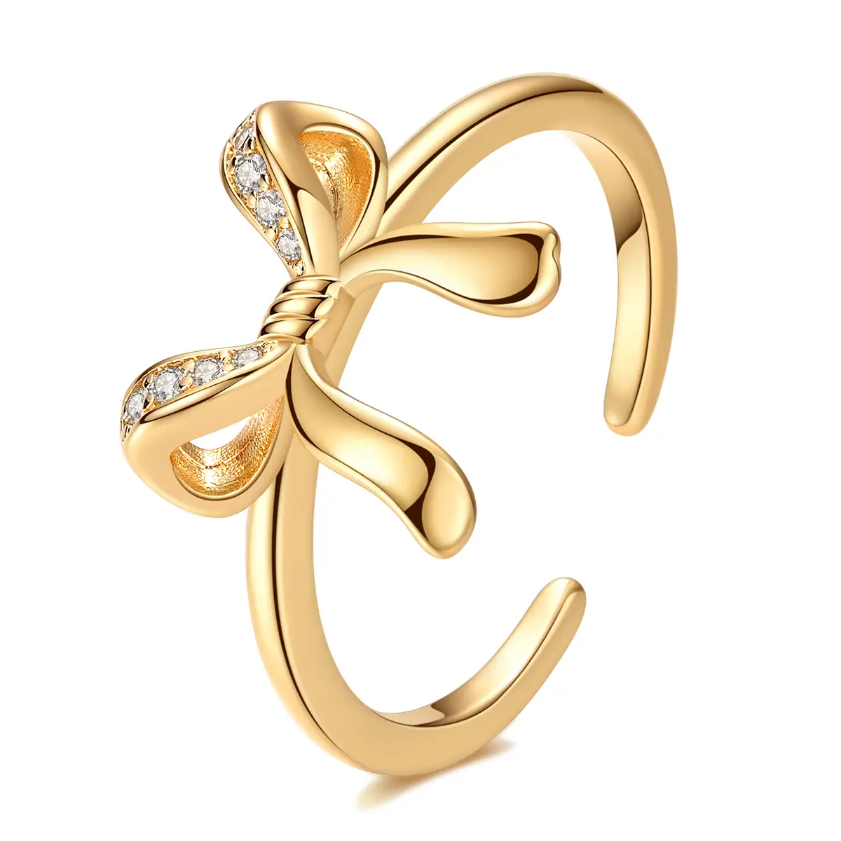 NARMO Women's Elegant Bow Ring, 18kt Gold-Plated Sterling Silver with Cubic Zirconia, Adjustable Open Band for Everyday Wear, Anniversary Gift, Casual To Formal, Modern Muse, Elegant Bow Design, Bow Shape