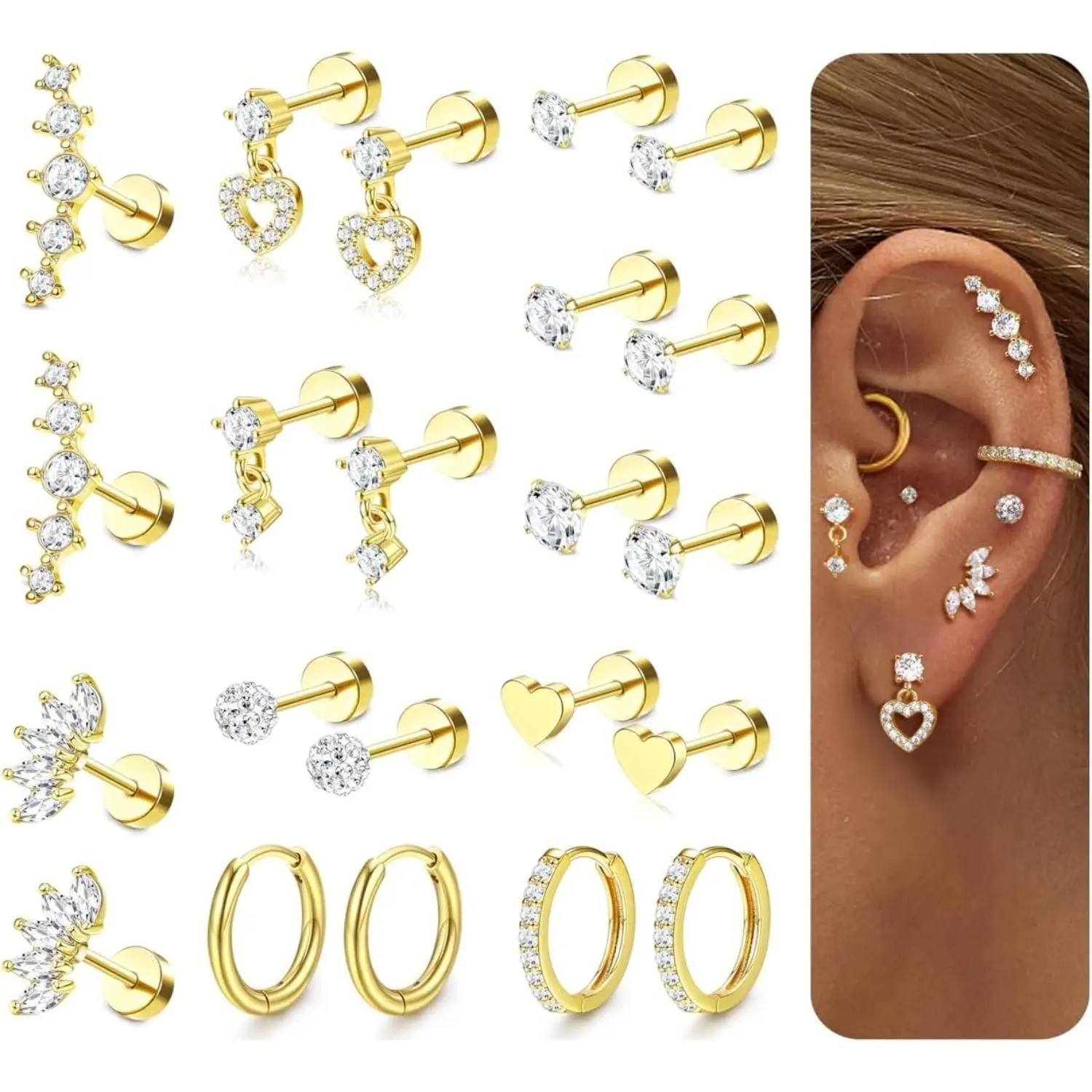 YADOCA Flat Back Earrings for Women Cartilage Earrings Stacks-20G Surgical Stainless Steel Flatback Stud Hoop Earring Set Daith Conch Tragus Helix Piercing Jewelry
