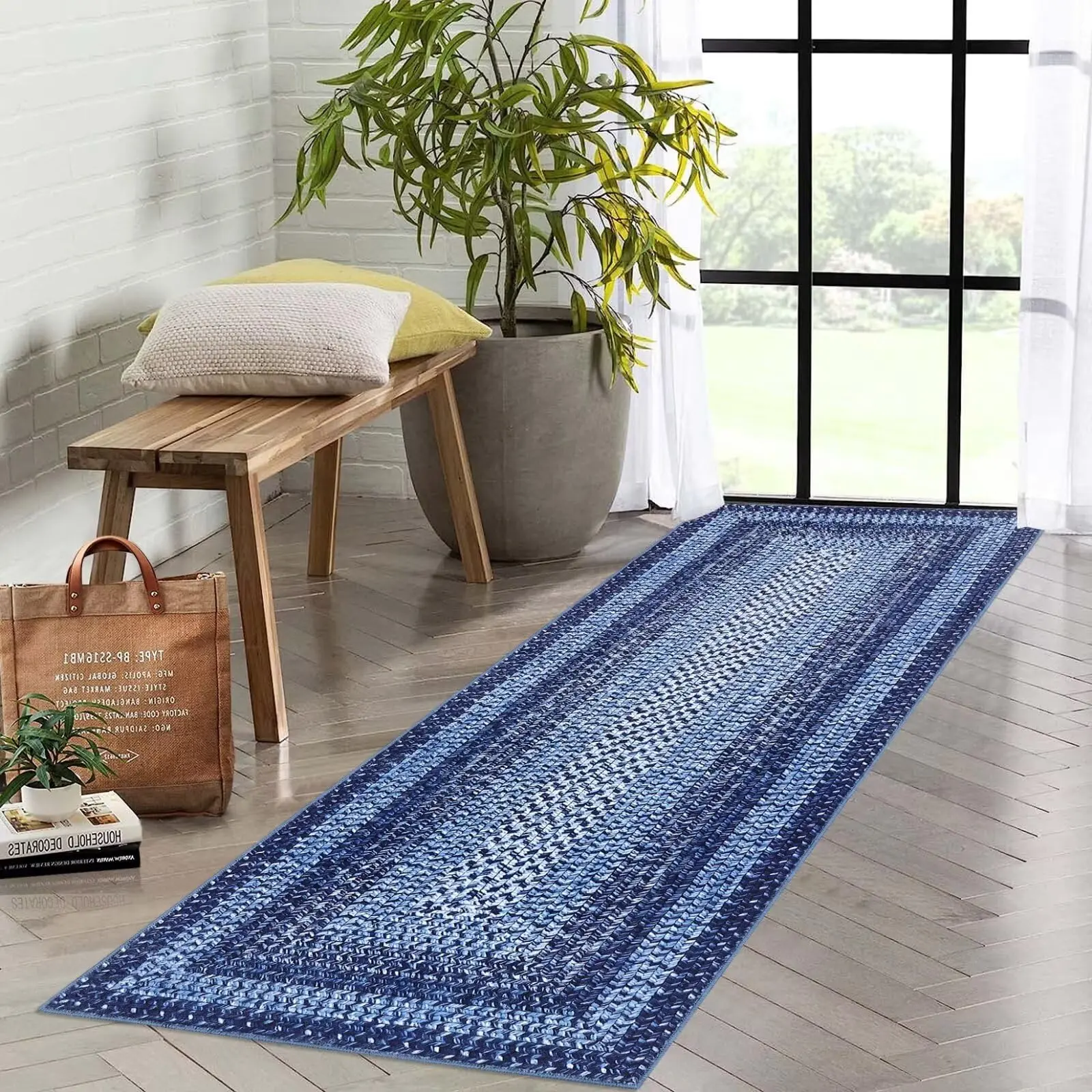 2x8 Braided Collection Area Rug, Washable Navy Vintage Rug, Low Pile Non-Slip Indoor Carpet for Living Room & Bedroom, Non-Shedding Aesthetic Design