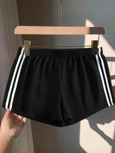 Summer Women's Loose-Fitting Casual Elastic Waist Shorts, Comfortable Stretchy Waistband with Side Stripes, Fashionable Sporty Bottoms for Everyday Wear