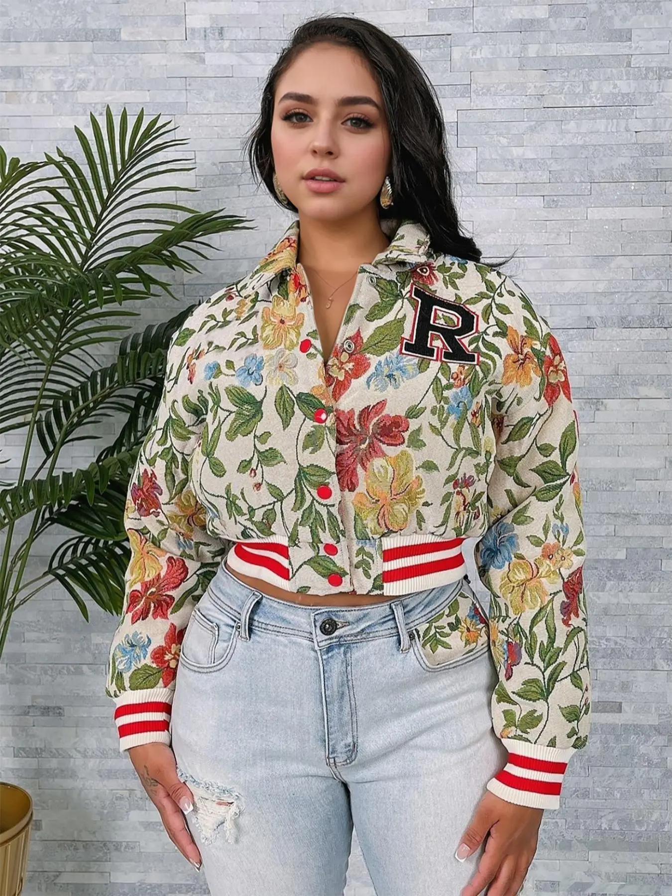 Women's Floral-Print Collared Crop Varsity Jacket, Casual Fashionable Jacket, Long-Sleeve Outerwear for Spring & Fall, Ladies Clothes for Daily Wear