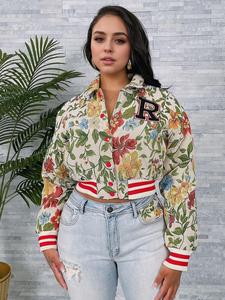 women's floral print collared crop varsity jacket, casual long sleeve outerwear for spring & fall, winter coats women, coat, ladies clothes for daily wear, jackets for women, coats for women, longsleeves womenswear, womens clothes, casual chic outerwear