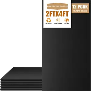 LooYee 12 PCS Black Fiberglass Acoustic Ceiling Tiles Reduce Light Reflection 2X4 Ft Soundproof Ceiling Panels 0.59" Thick Moisture Proof Fire Resistant Ideal for Home Theater Basement Cover 96 Sq.Ft