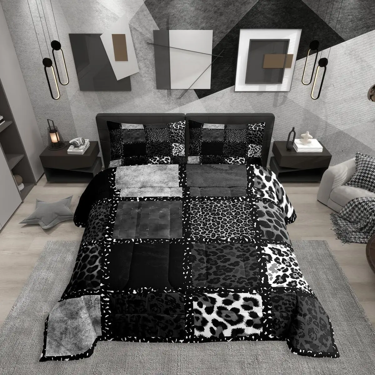 Grey Leopard Print Comforter Set for Kids Boys Girls,Animal Skin Texture Bedding Set,Patchwork Geometric Duvet Insert,Farmhouse Bed Set for All Season