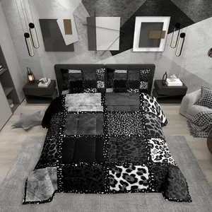 Grey Leopard Print Comforter Set for Kids Boys Girls,Animal Skin Texture Bedding Set,Patchwork Geometric Duvet Insert,Farmhouse Bed Set for All Season