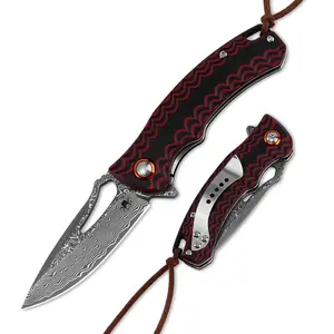 KLAKEN J390-Tidekin, Nice Damascus Steel Blade With Dual G10 Handle Compact Folding Pocket EDC Knife